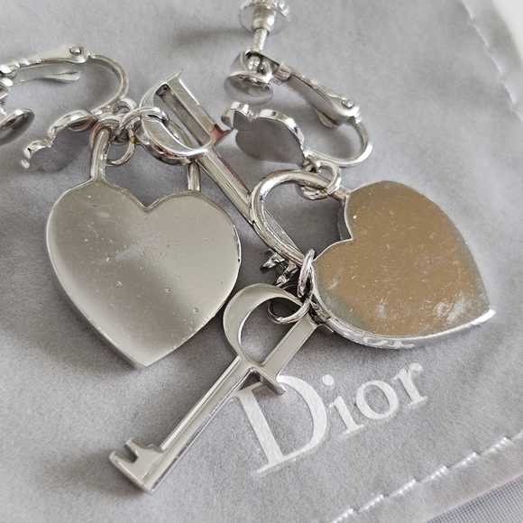 Christian Dior by John Galliano heart-key padlock crystal earrings ear clips - Picture 7 of 11
